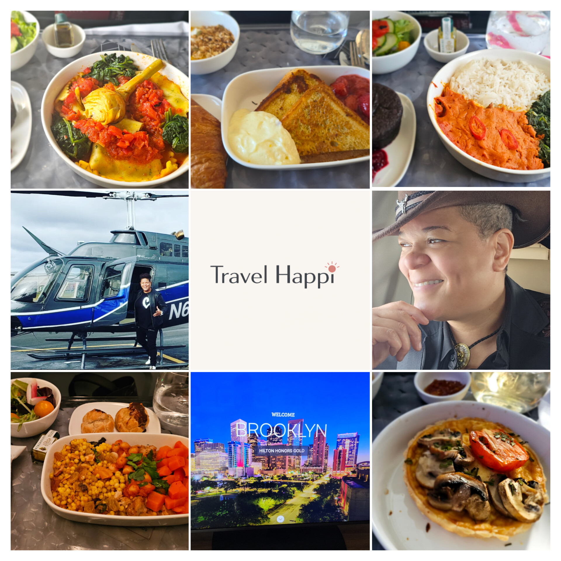 Travel Happi collage: Brooklyn Dicent by a private helicopter, luxury travel meals, and city arrivals